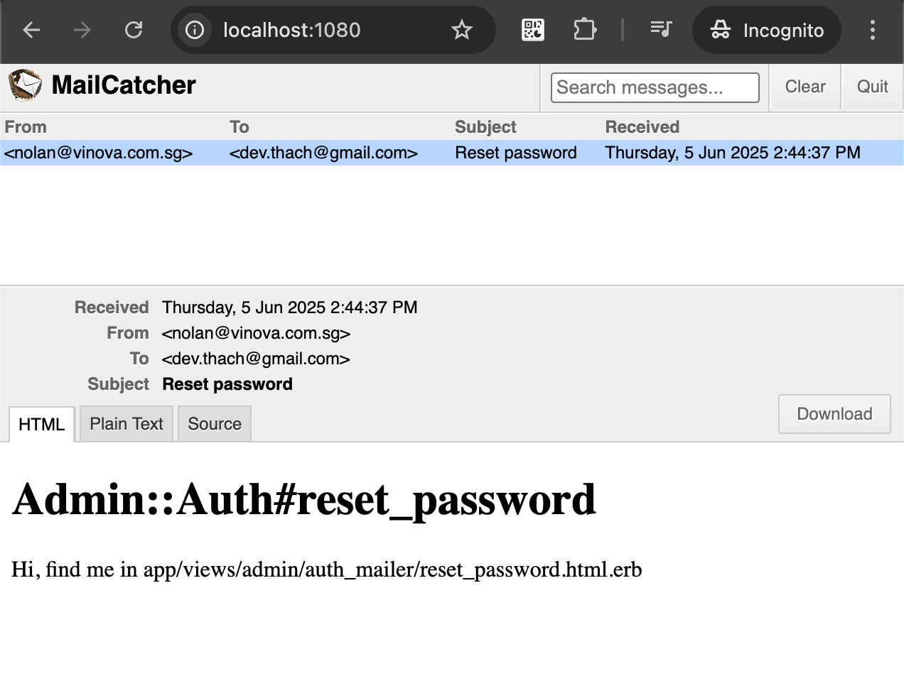 Mailcatcher on localhost:1080