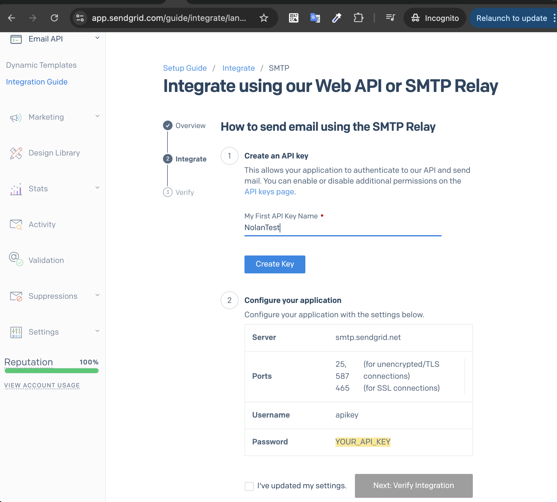 Sendgrid dashboard config 2